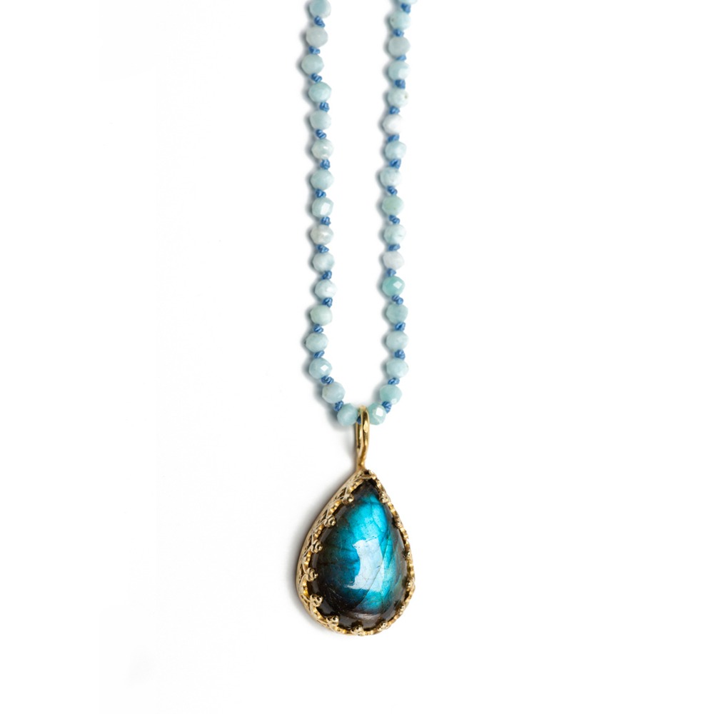 Labradorite pendant on larimar necklace, 14K gold setting and toggle ...