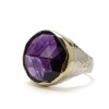 Hammered silver ring with a double facetted large amethyst set in 14K gold