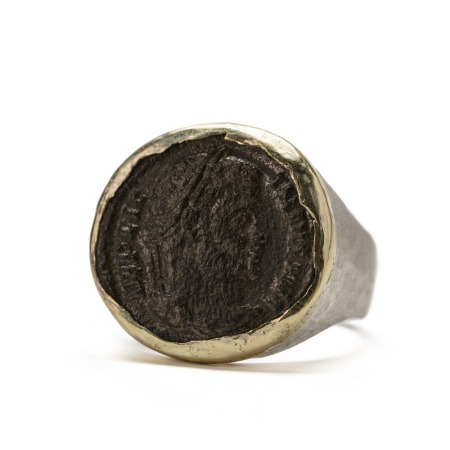 Matt silver hammered ring with a very old Roman coin set in 14K gold.